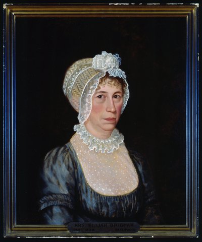 Retrato de medio cuerpo de Sarah Ward Brigham con un vestido escotado con detalles de encaje y un gorro de encaje de Ethan Allen Greenwood